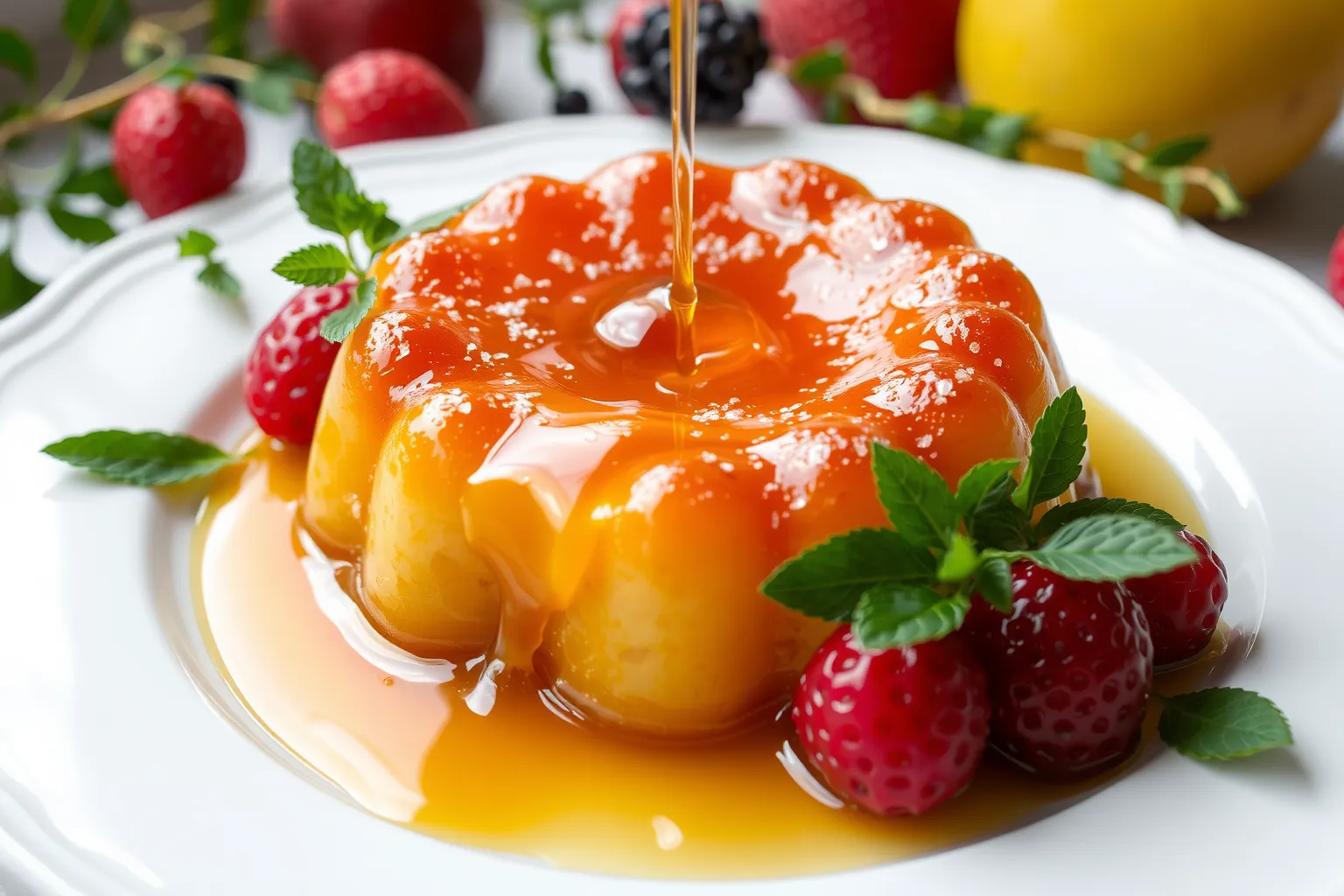 Un baba au rhum doré sur une assiette avec du sirop coulant.