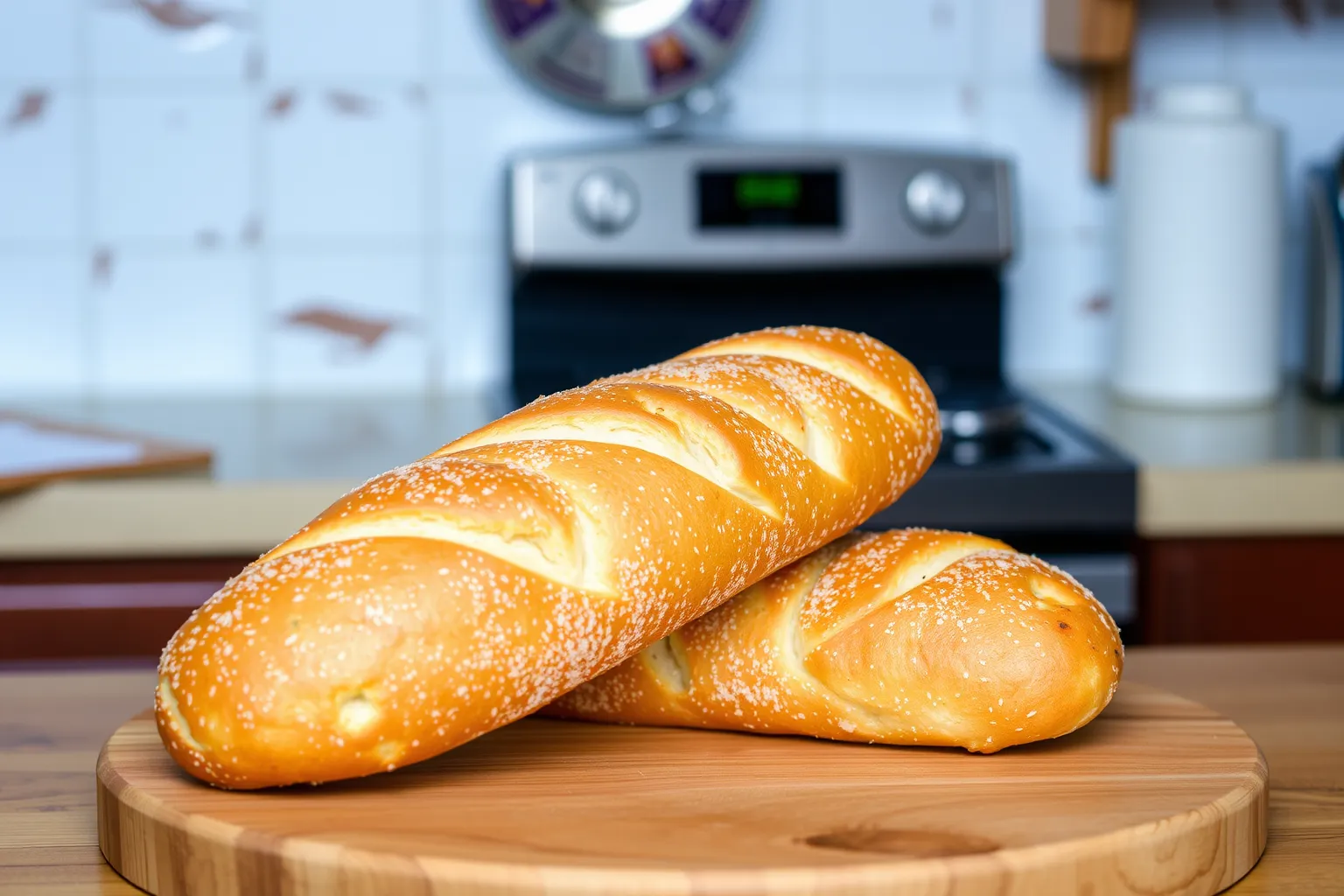 Une baguette dorée et croustillante sur une planche en bois.