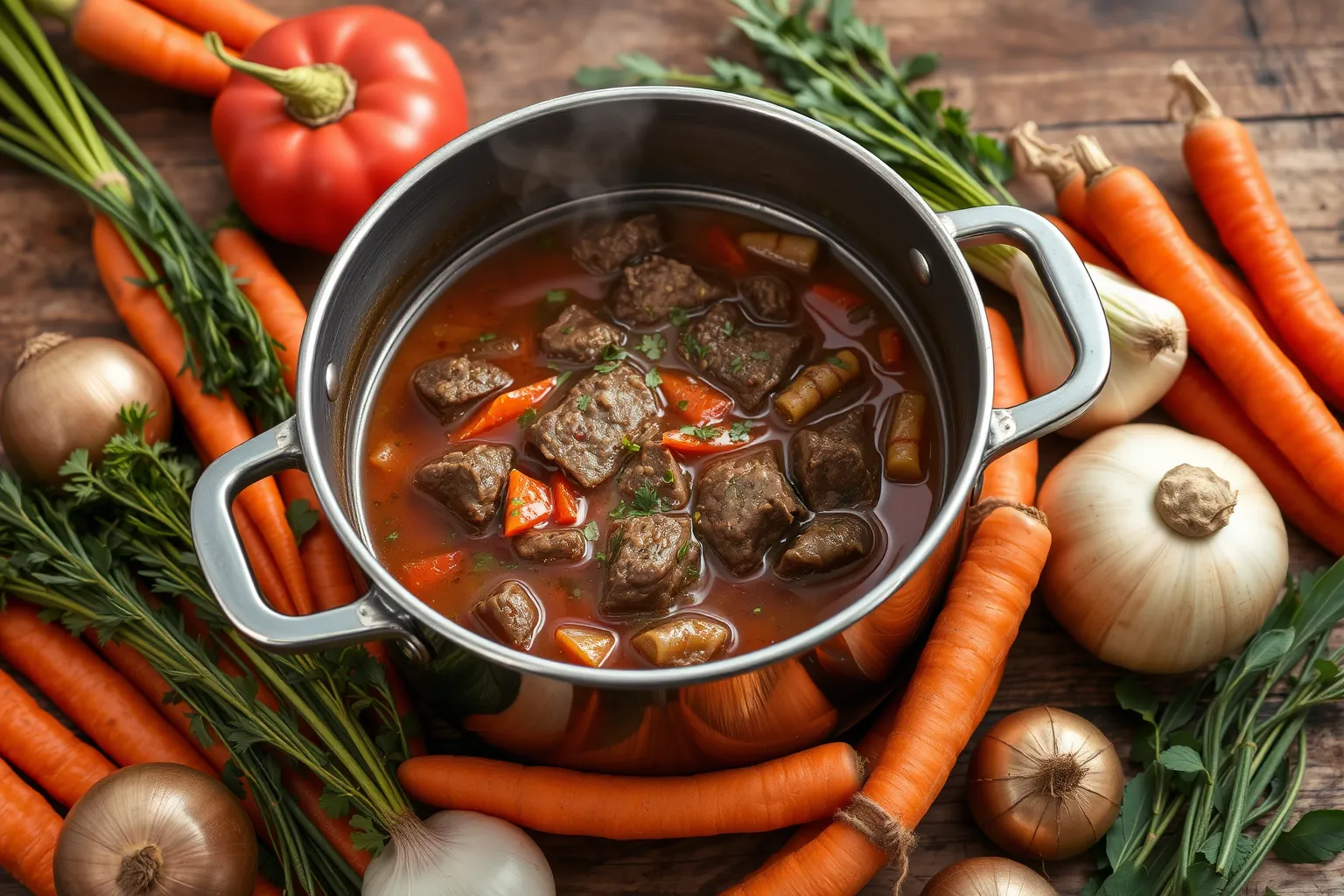 Un plat savoureux de bœuf bourguignon mijotant dans une cocotte.