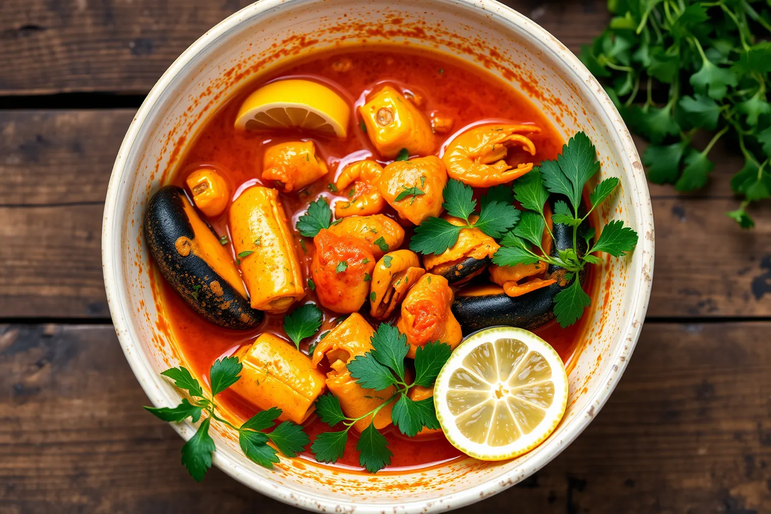 Un plat de bouillabaisse épicée avec des fruits de mer et des rouilles.