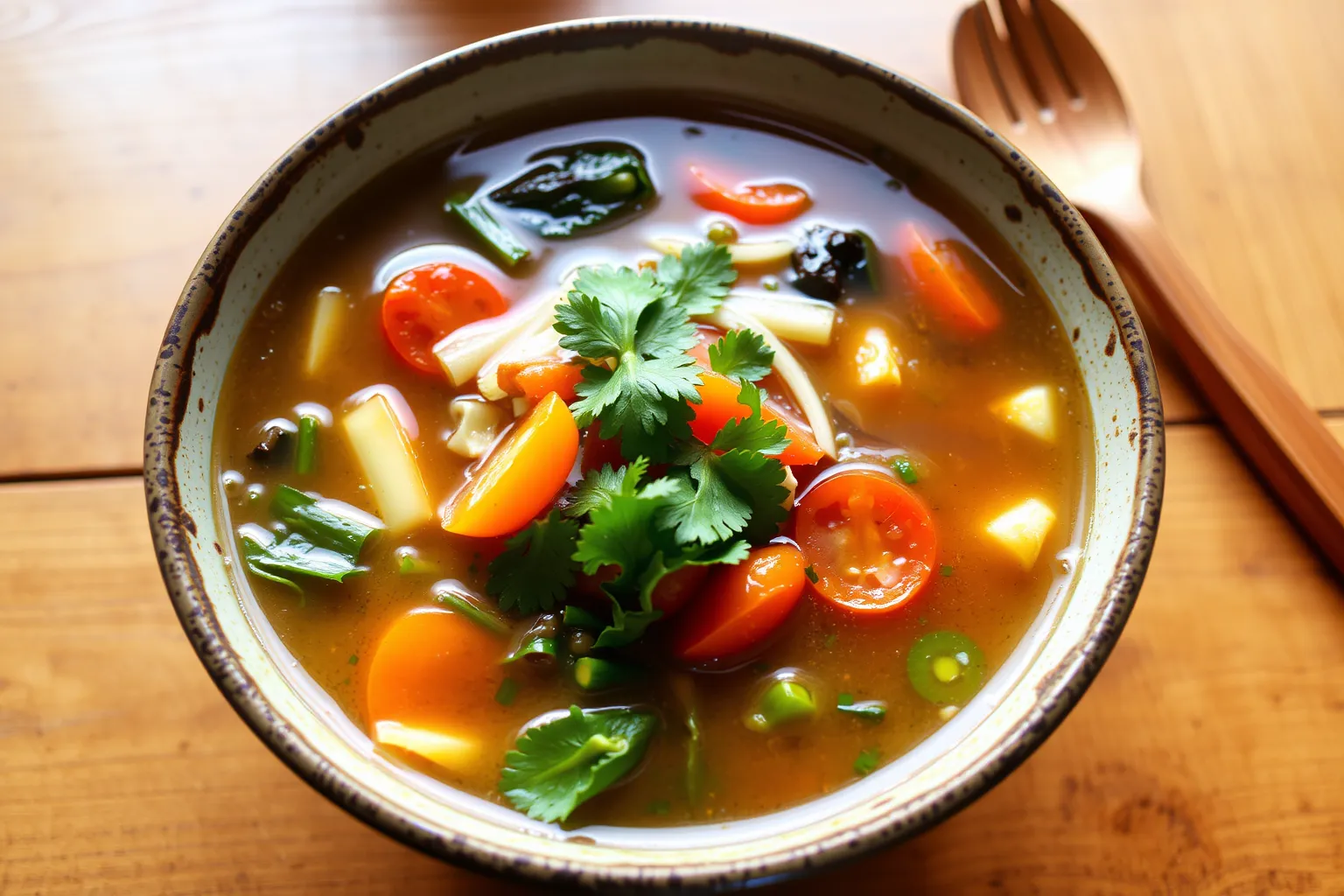 Un bol de bouillon de légumes rustique garni de légumes frais.