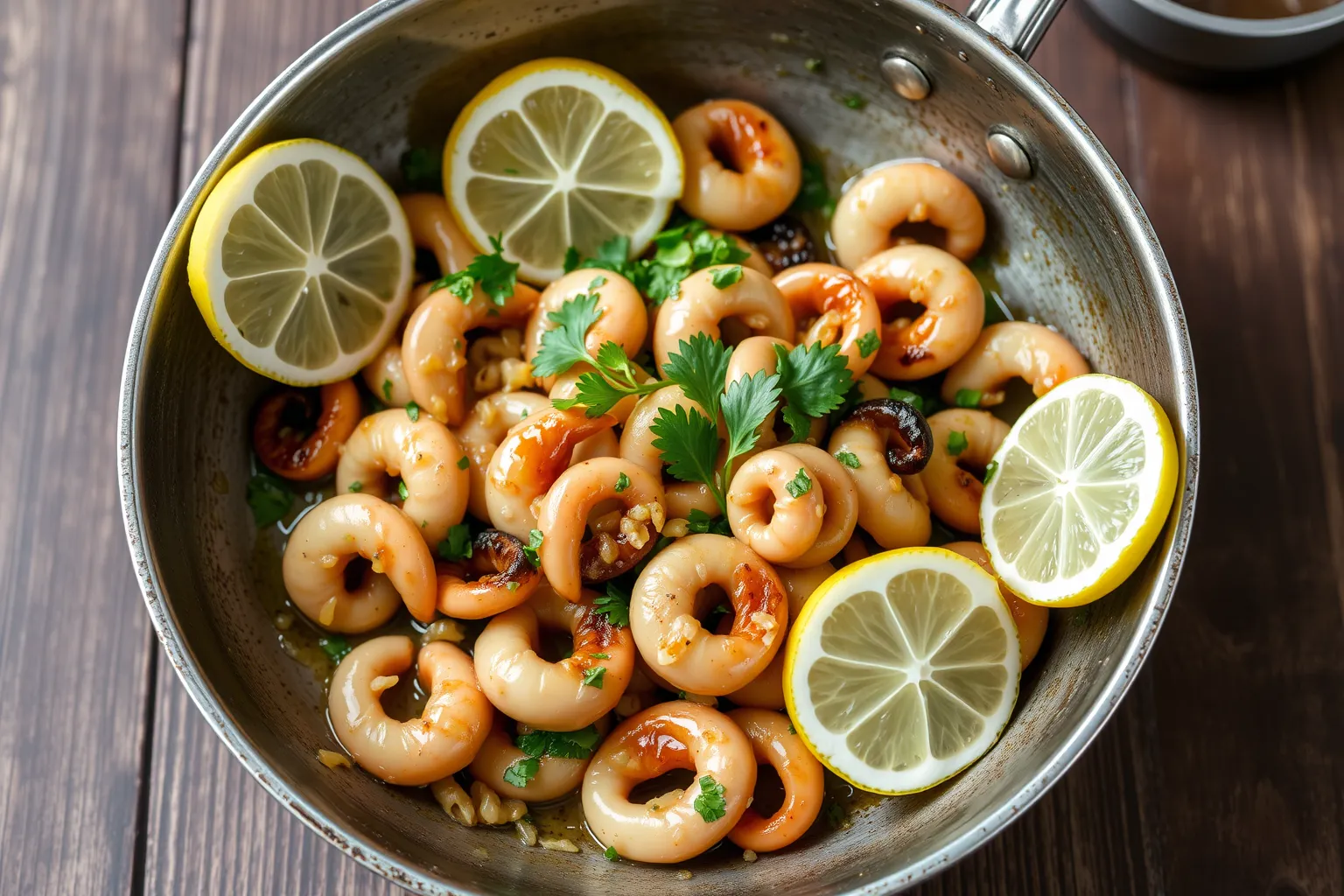 Des calamars sautés avec de l'ail et du persil dans une poêle.