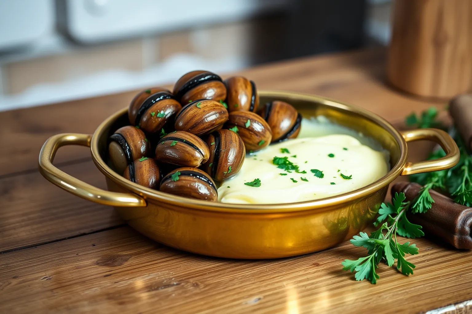 Une cassolette d'escargots dorée avec du beurre persillé fondu.