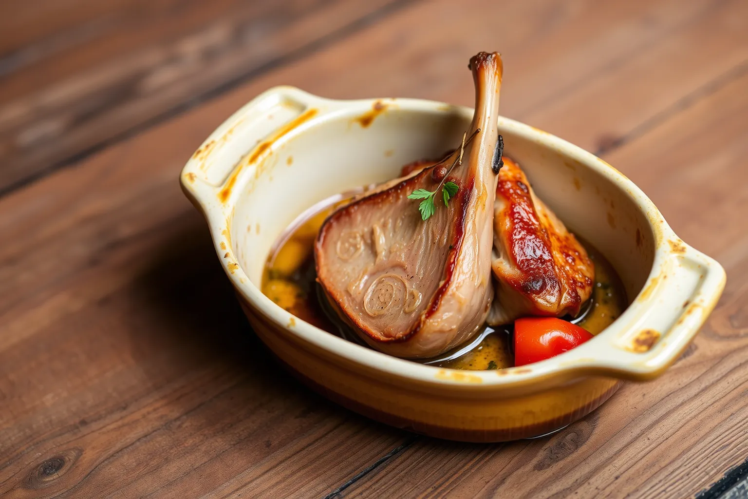 Une cassolette de foie gras poêlé garnie de légumes frais.