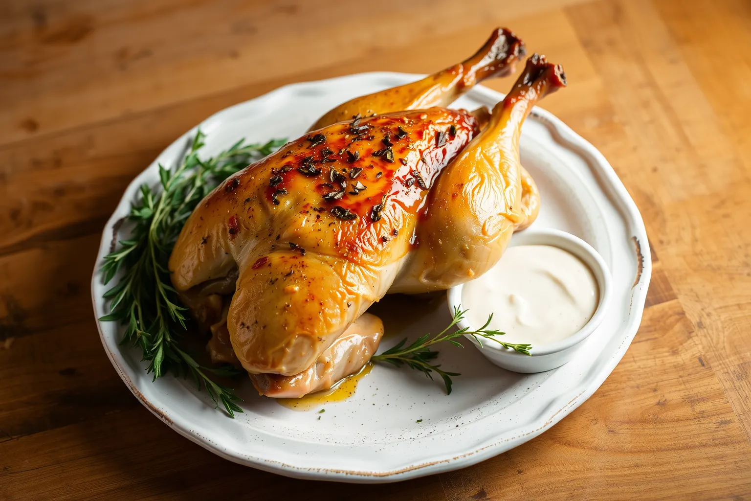 Un chapon rôti doré avec une sauce crémeuse à côté.