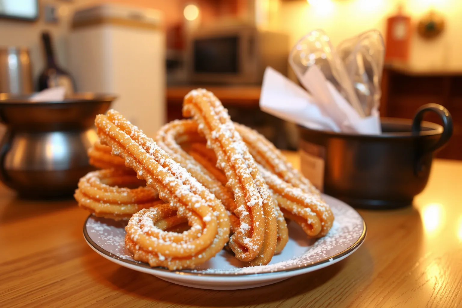Une assiette de chichis sucrés croustillants dorés avec du sucre en poudre.