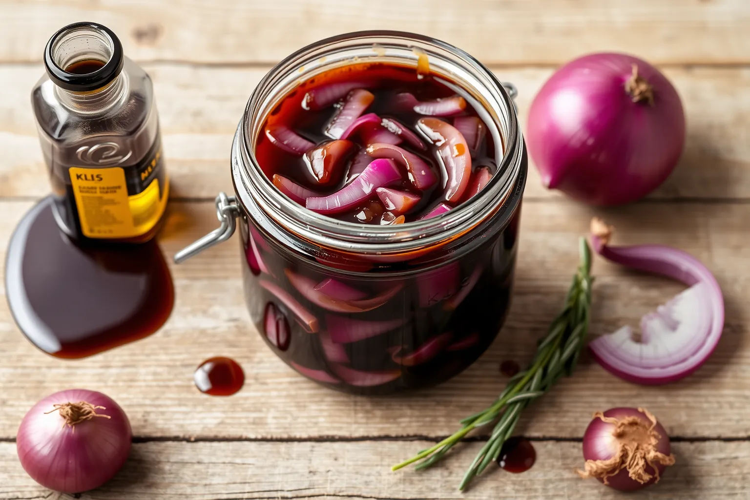 Un pot de confiture d'oignons avec des oignons rouges et du vinaigre balsamique à côté.