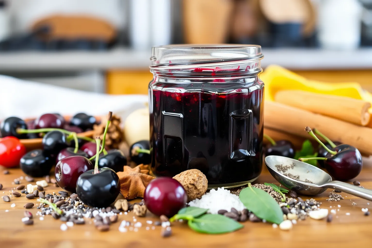 Un pot de confiture de cerises noires avec des épices autour.