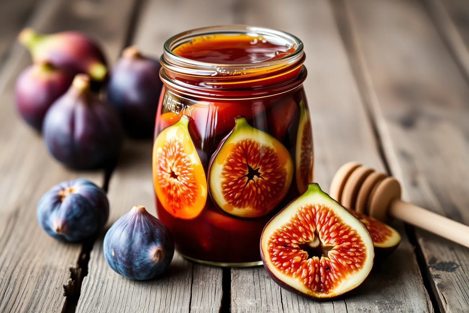 Un pot de confiture de figues avec des figues fraîches et du miel.