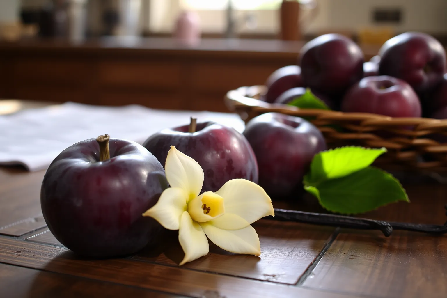 Des prunes fraîches et une gousse de vanille sur une table de cuisine.