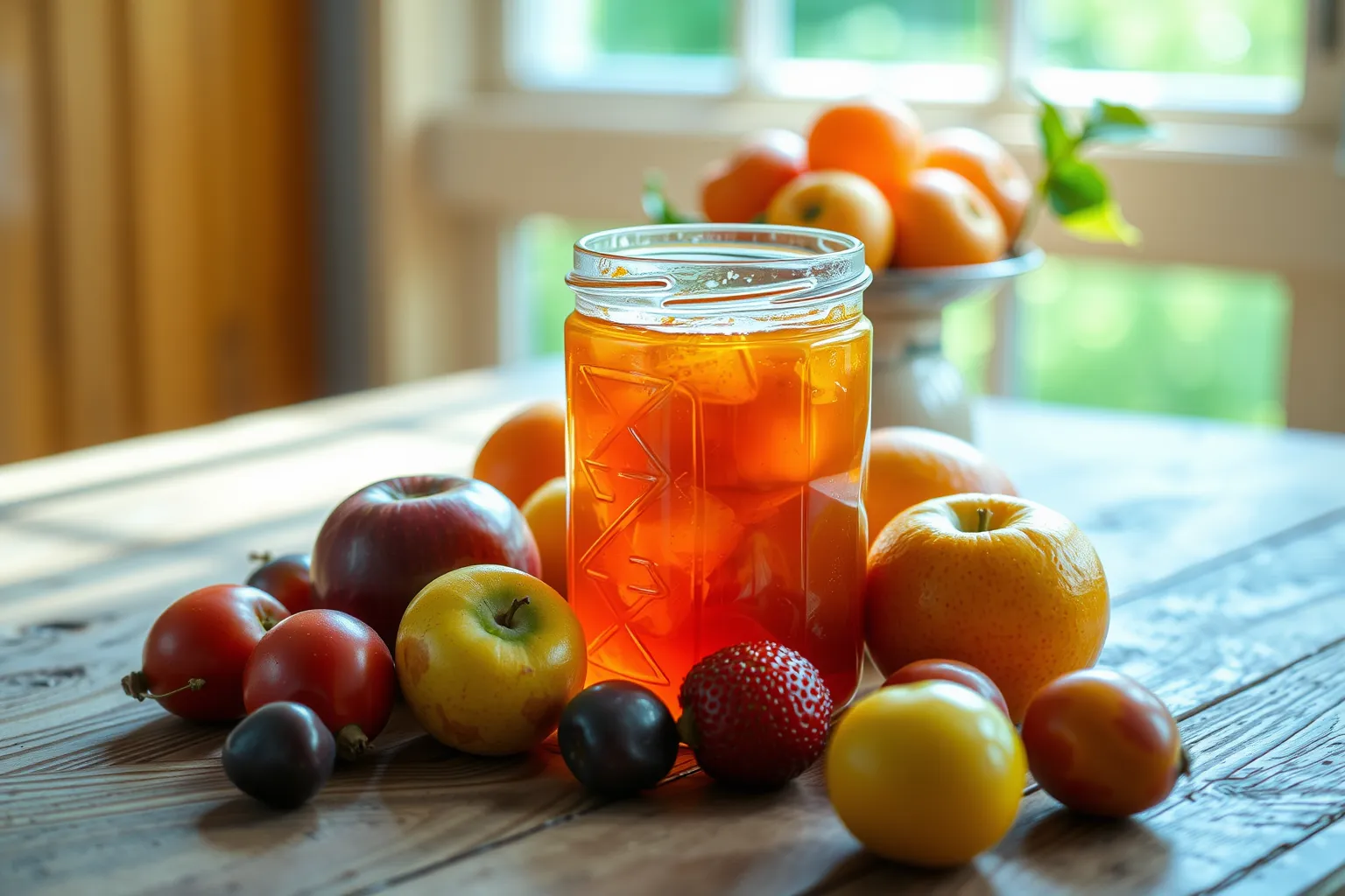 Un pot de confiture fait maison sur une table en bois avec des fruits frais autour.