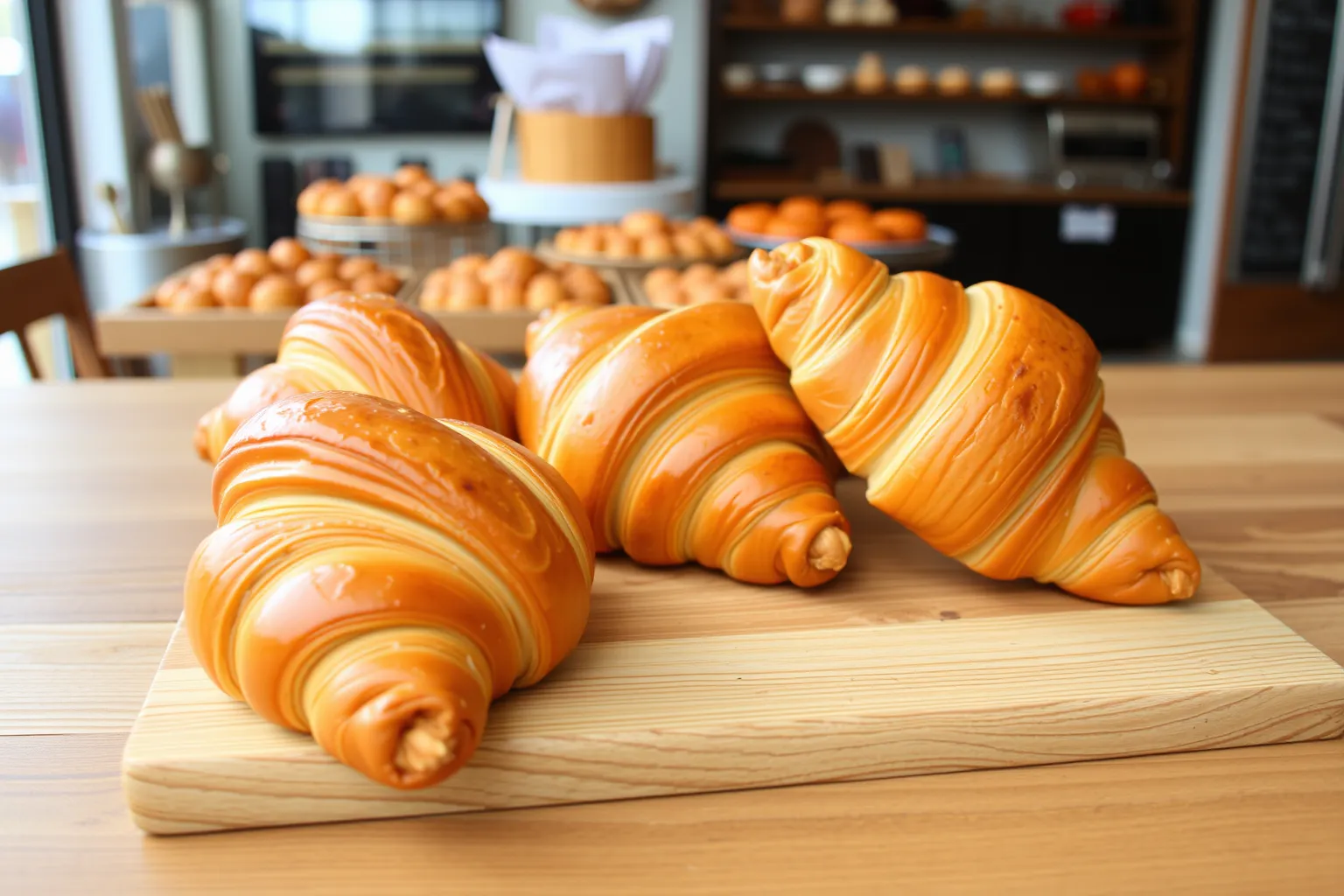 Des croissants dorés sur une table en bois.