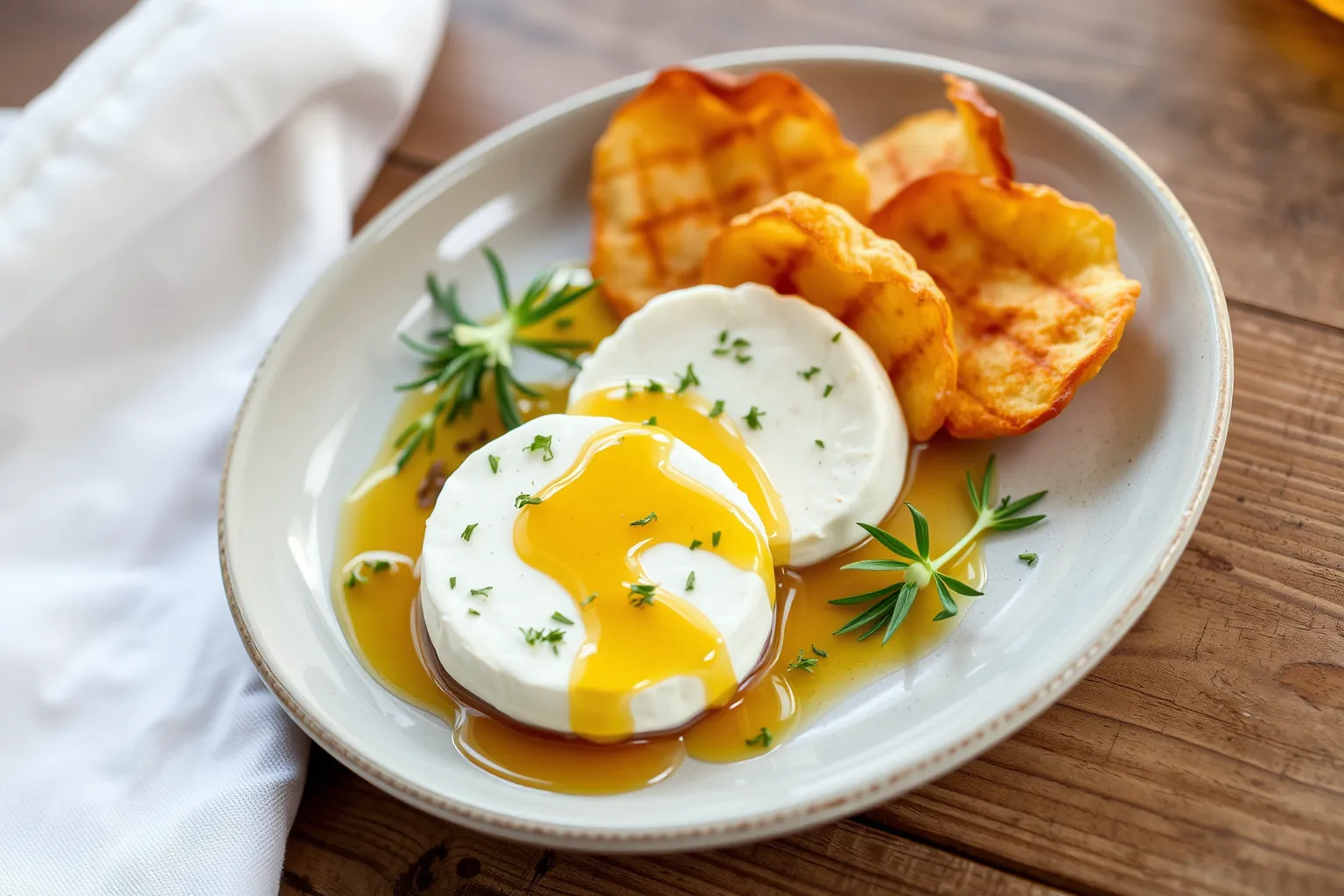 Un plat de chèvre croustillant arrosé de miel doré.