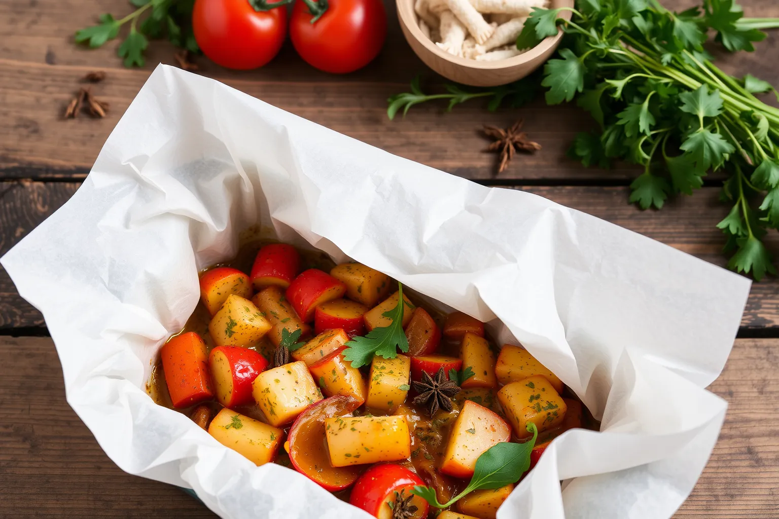 Un plat en papillote avec des herbes fraîches et des légumes.