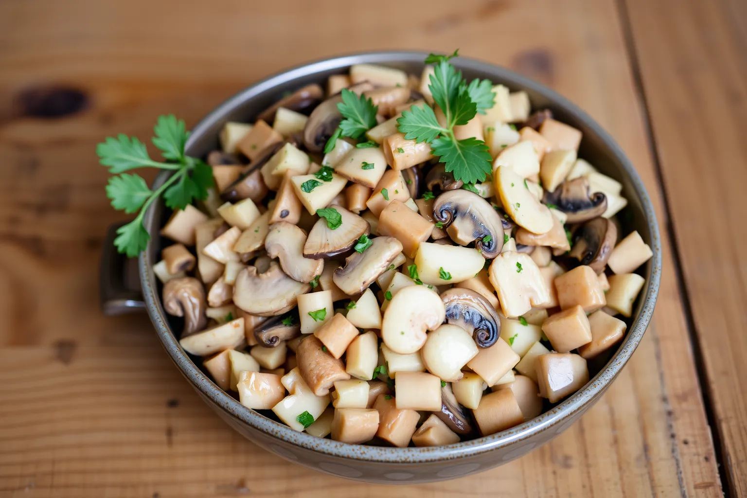 Un plat de duxelles de champignons garnis d'herbes fraîches.