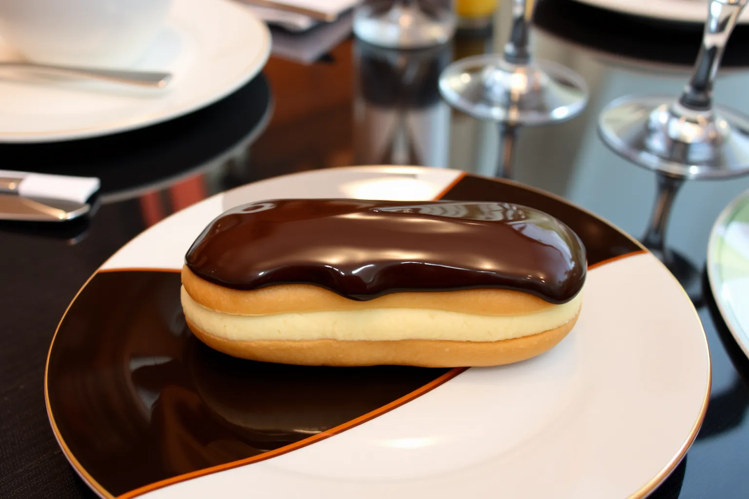 Un éclair au chocolat sur une assiette élégante.