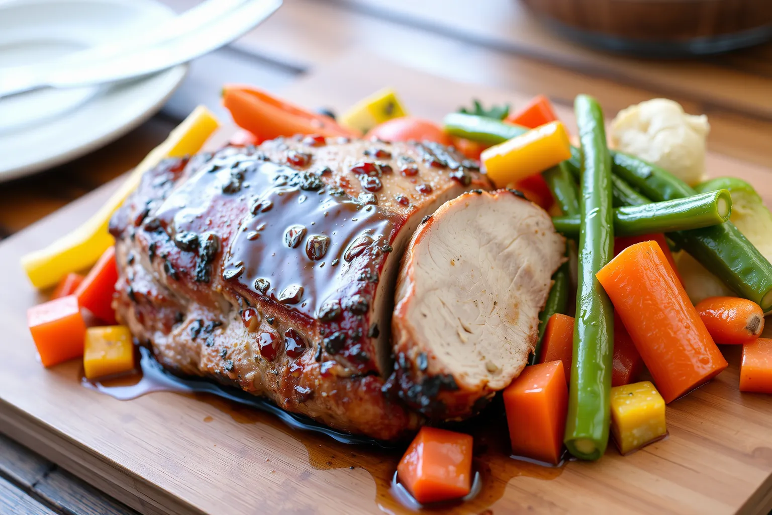 Un filet mignon de porc laqué avec des légumes frais.