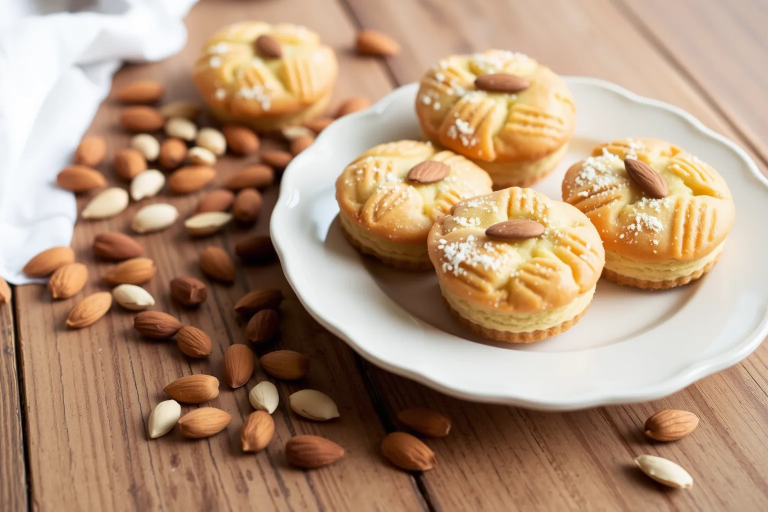 Des financiers dorés aux amandes sur une assiette blanche.