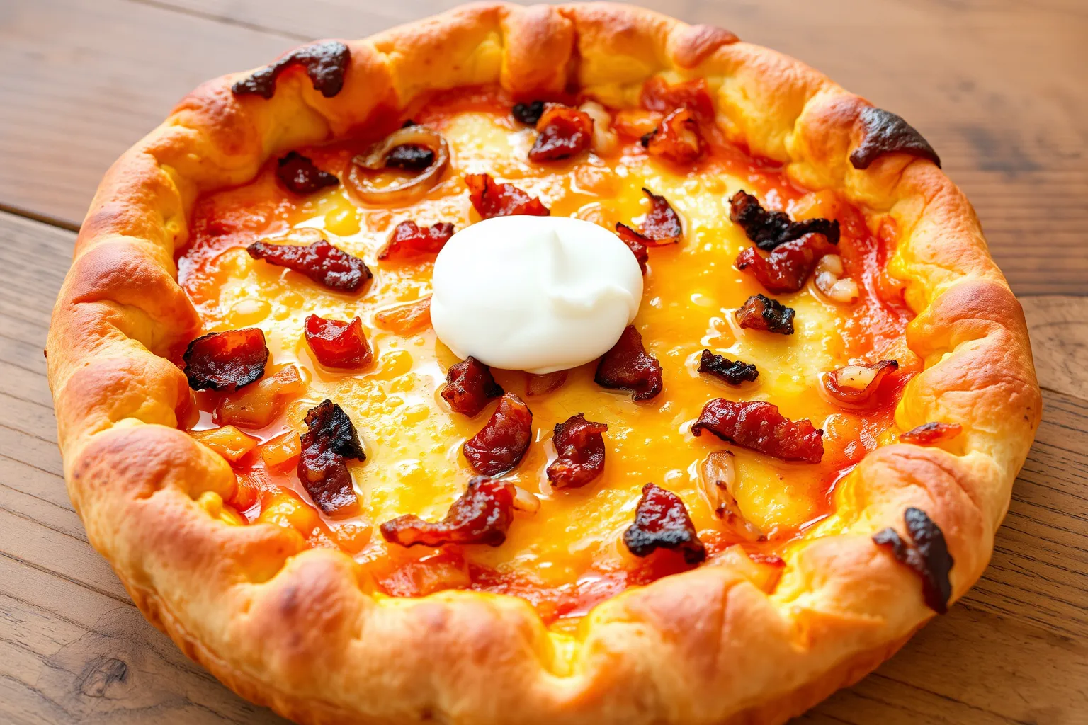 Une flammekueche dorée avec des lardons et de la crème fraîche.
