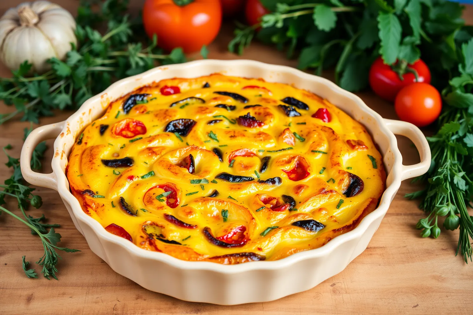 Un plat coloré de flan de légumes sortant du four.