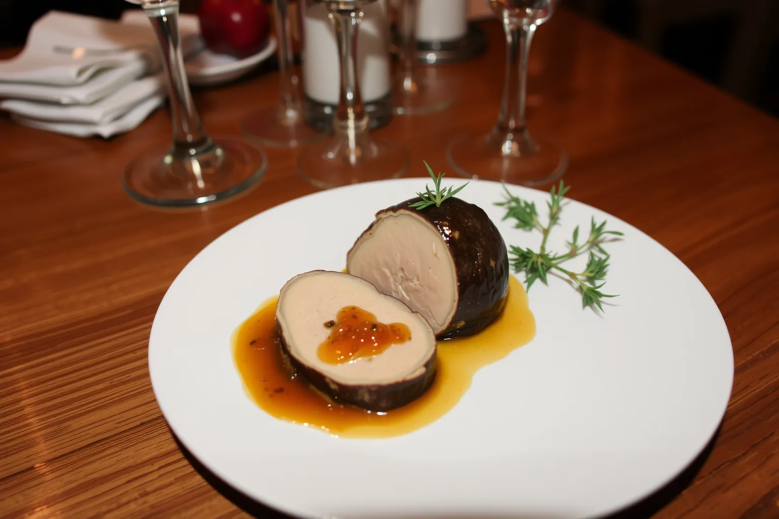 Un plat de foie gras mi-cuit avec chutney et garniture décorative.