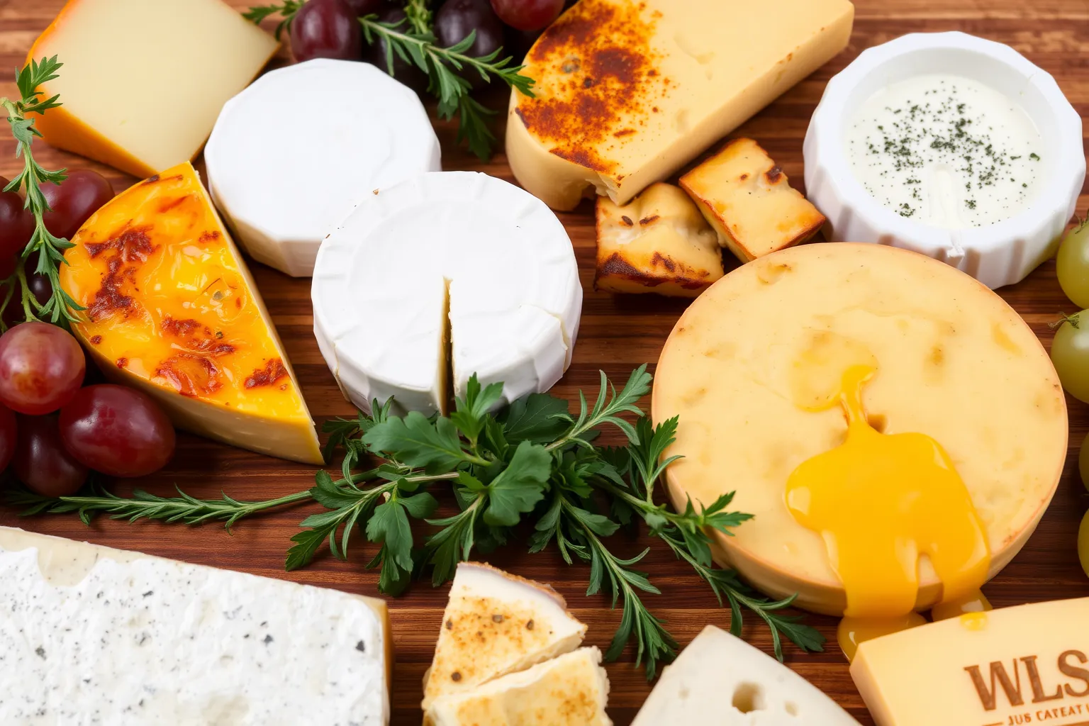 Une planche avec différents fromages fondus et gratinés.