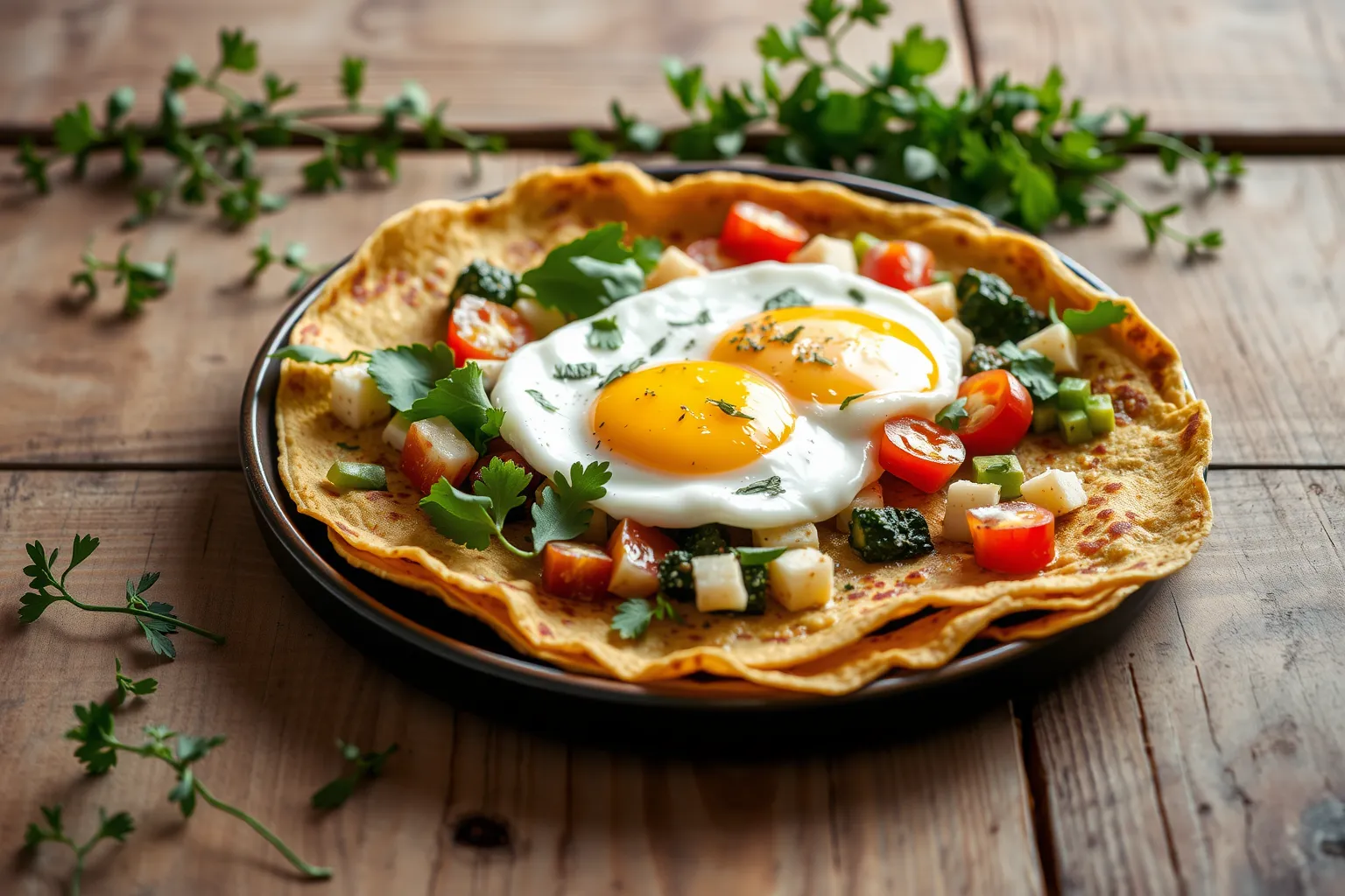 Galettes de sarrasin dorées garnies de légumes frais et d'œufs.