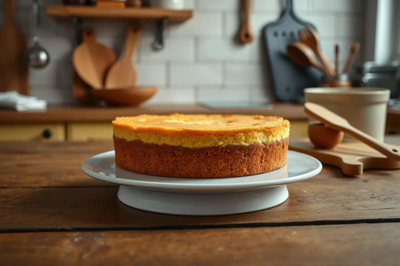 Un gâteau au yaourt doré sur une table en bois.