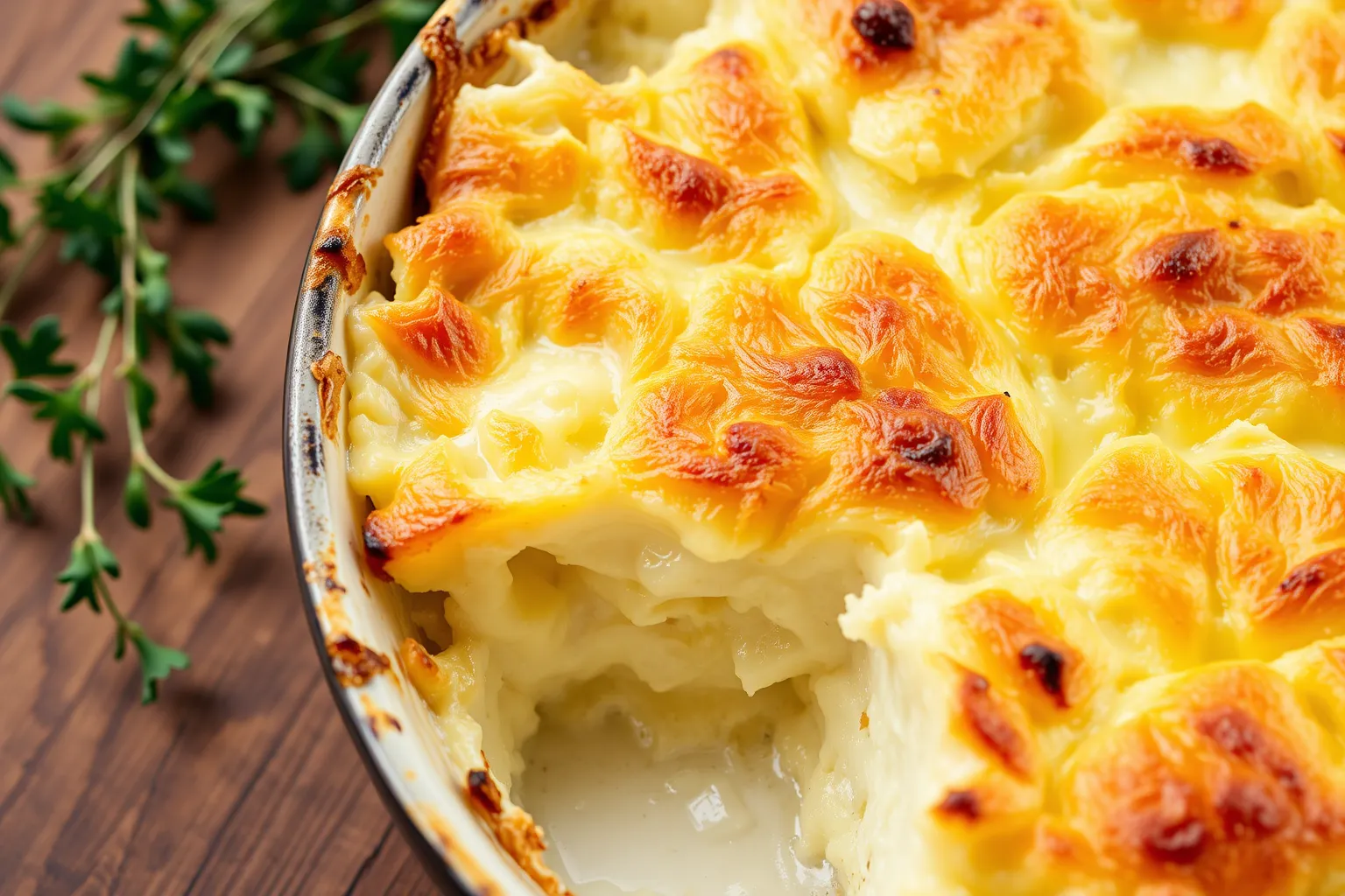 Un plat de gratin dauphinois crémeux avec une croûte dorée.