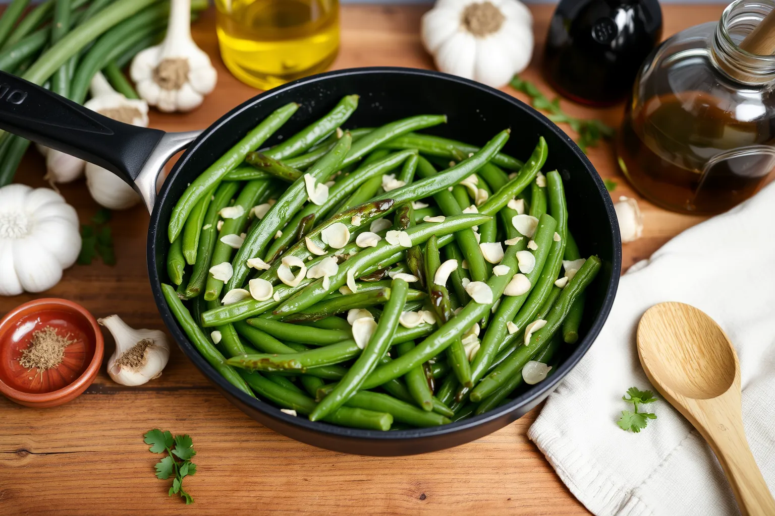 Des haricots verts sautés avec des échalotes dans une poêle.
