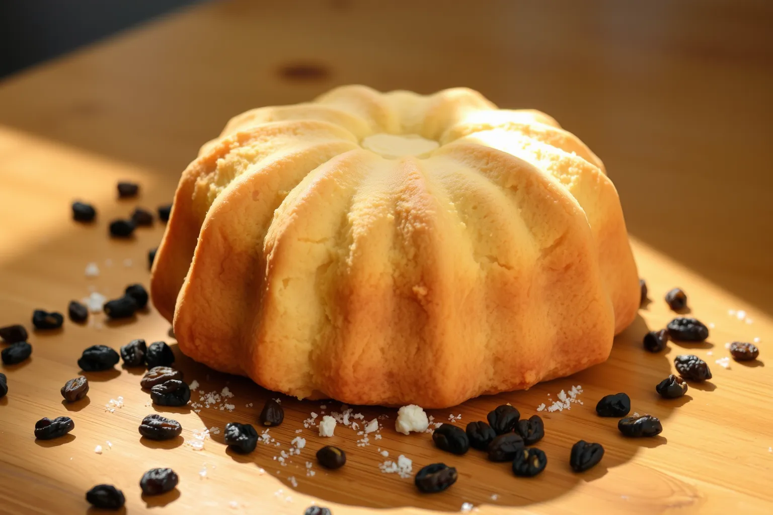 Un kouglof moelleux posé sur une table en bois avec des raisins secs autour.