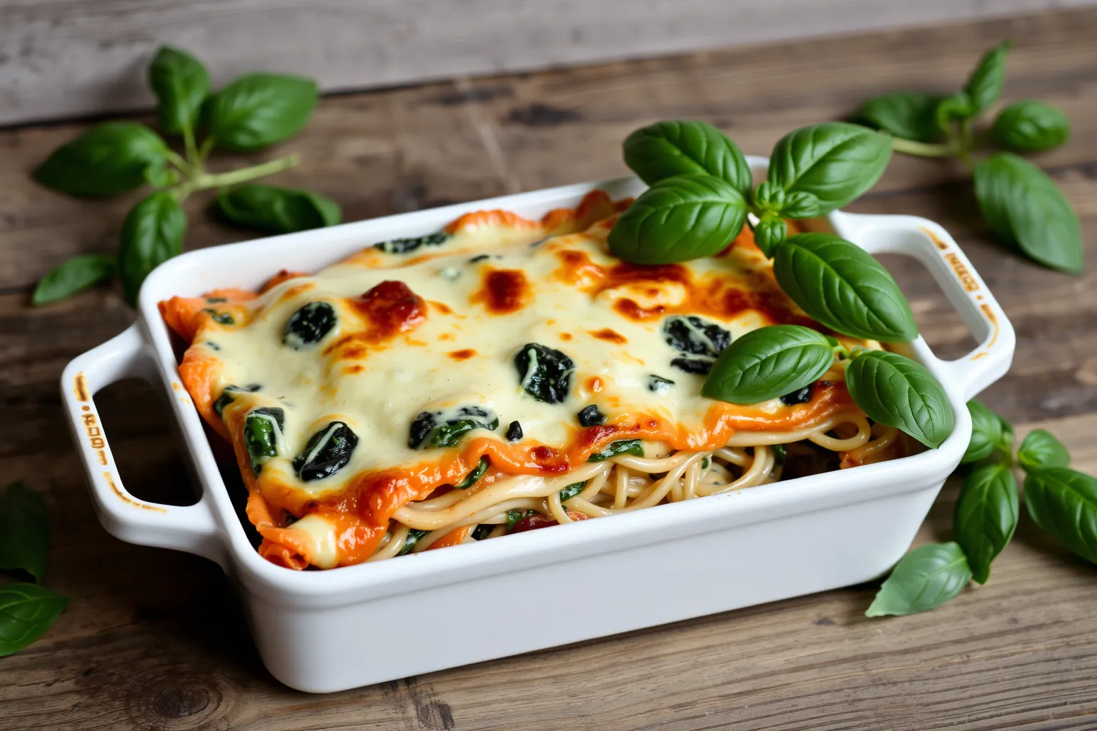 Un plat de lasagnes aux épinards et ricotta fraîchement préparé.