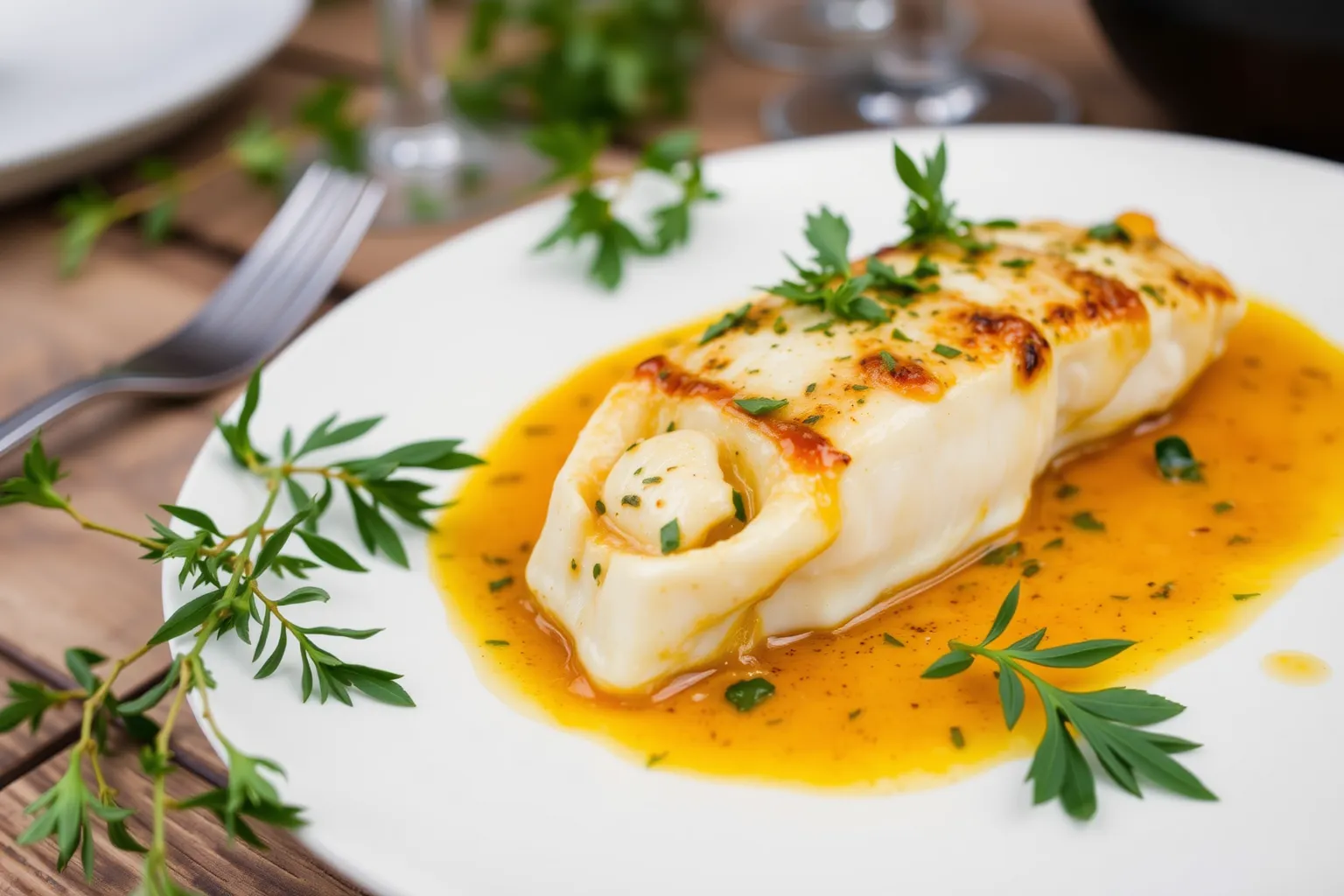 Un plat de lotte à l'armoricaine avec des herbes fraîches.