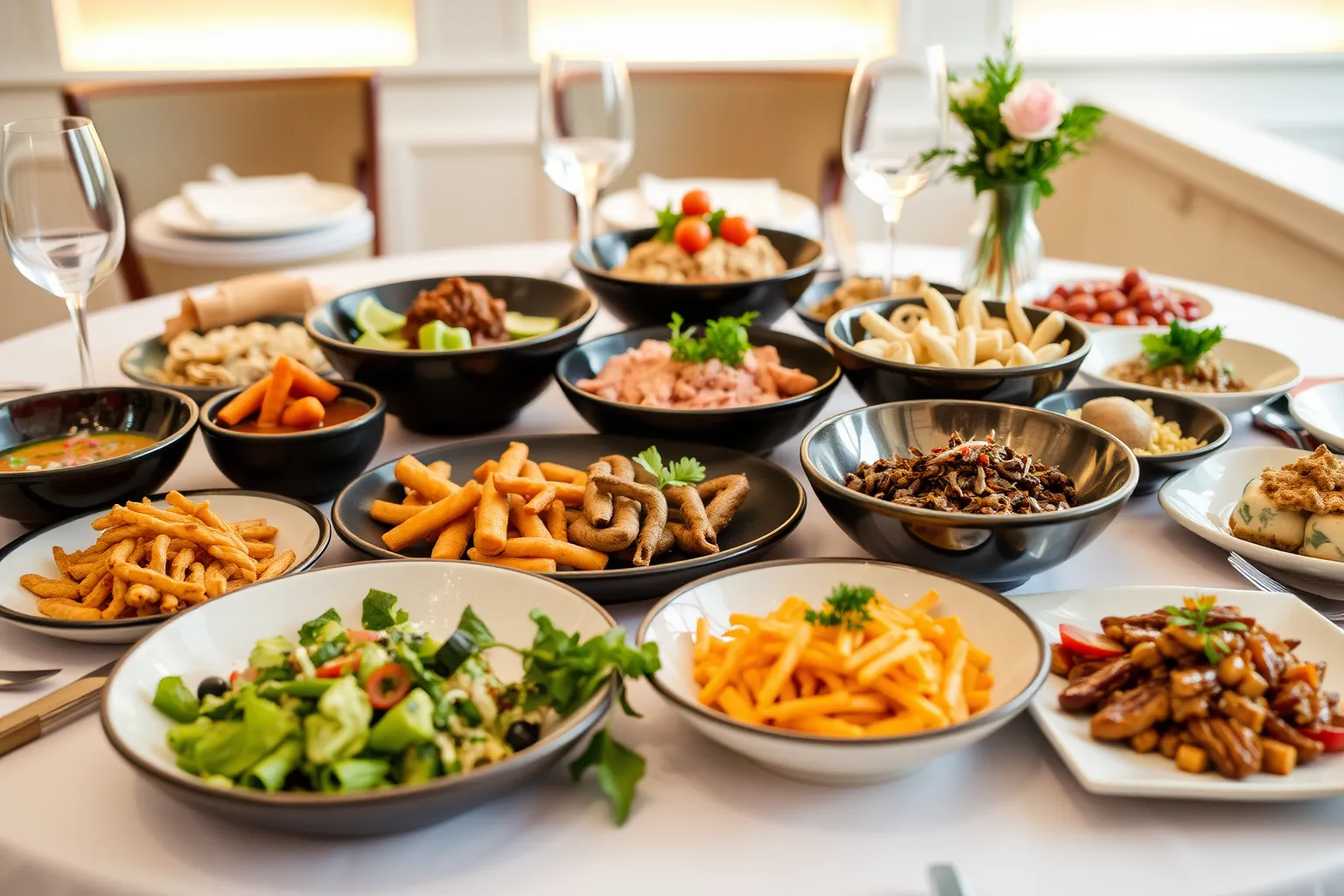 Un ensemble de plats colorés sur une table élégante.