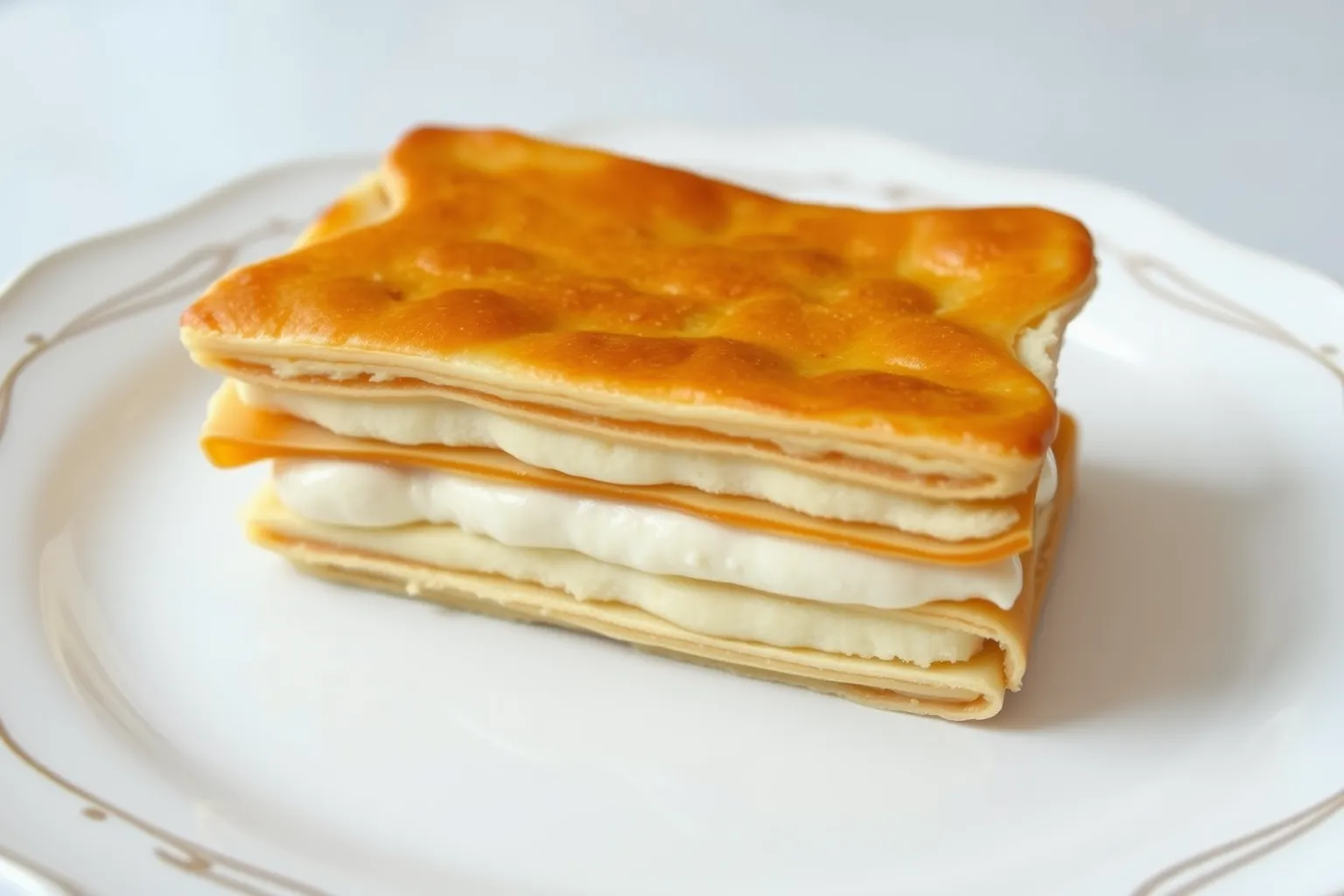 Un mille-feuille à la crème pâtissière sur une assiette élégante.