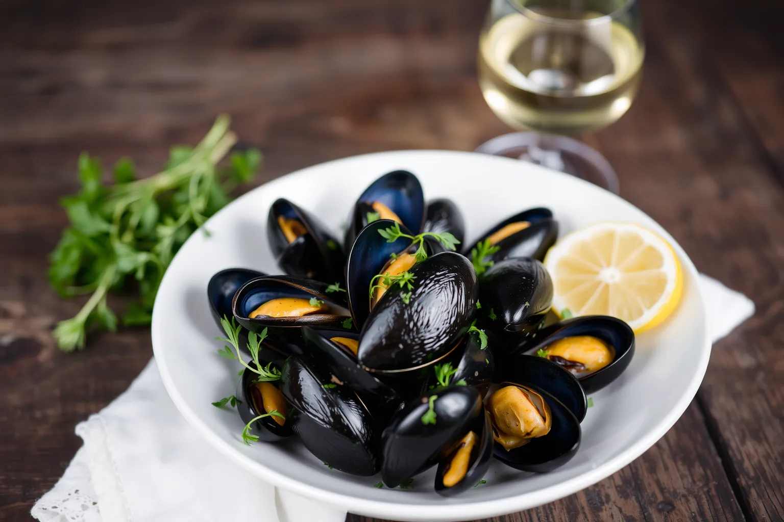 Un plat de moules avec des herbes fraîches et du citron.