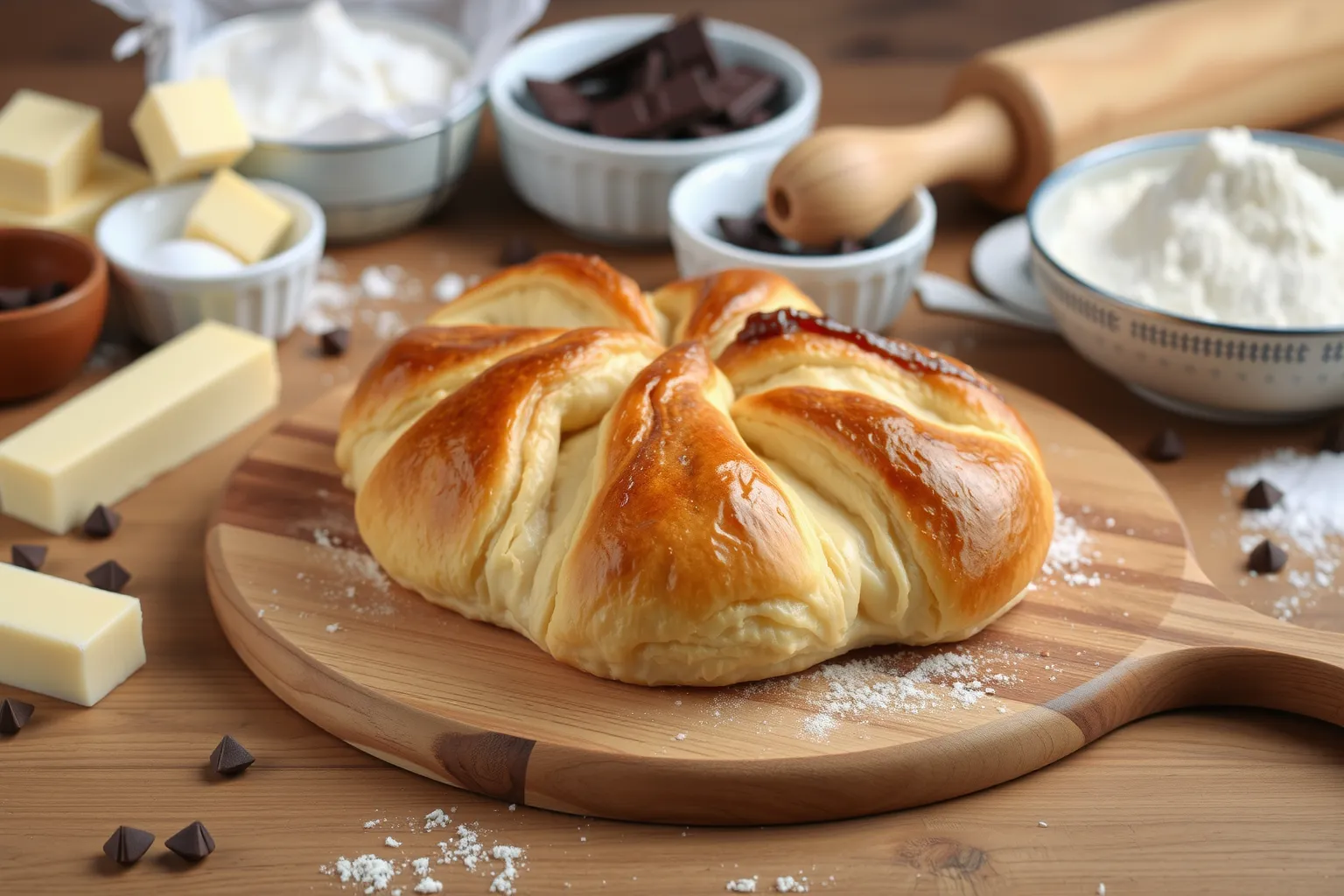 Un pain au chocolat doré et croustillant sur une planche en bois.