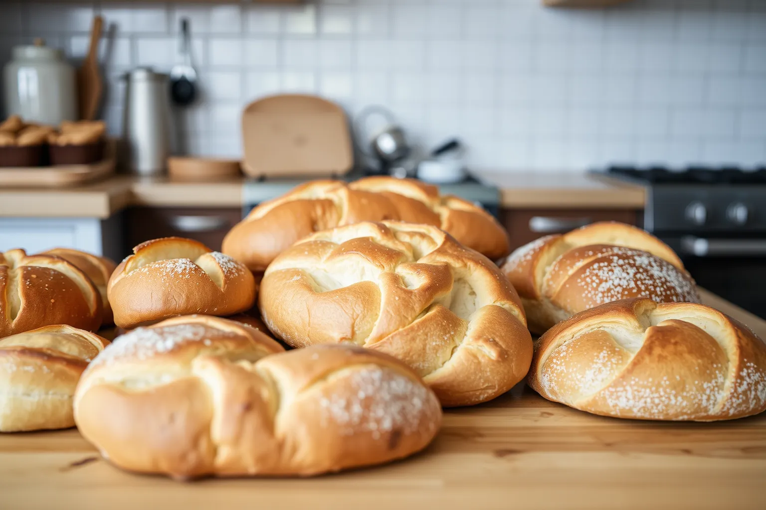 Une variété de pains et viennoiseries fraîchement cuits sur une table en bois.