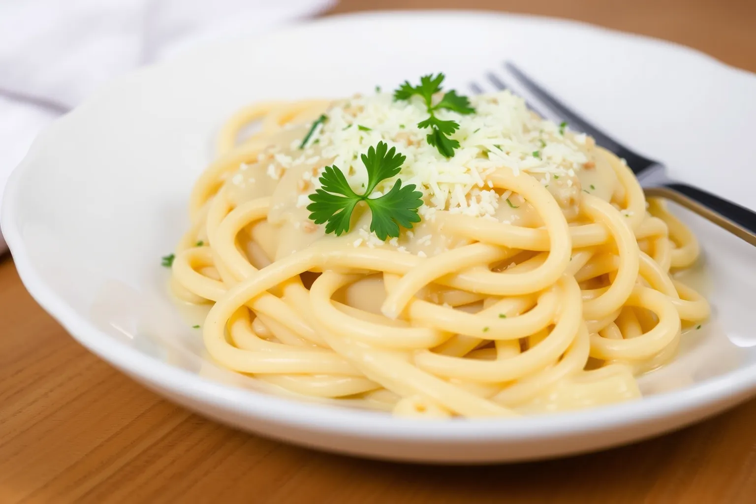 Un plat de pâtes carbonara crémeux garni de fromage et de persil.