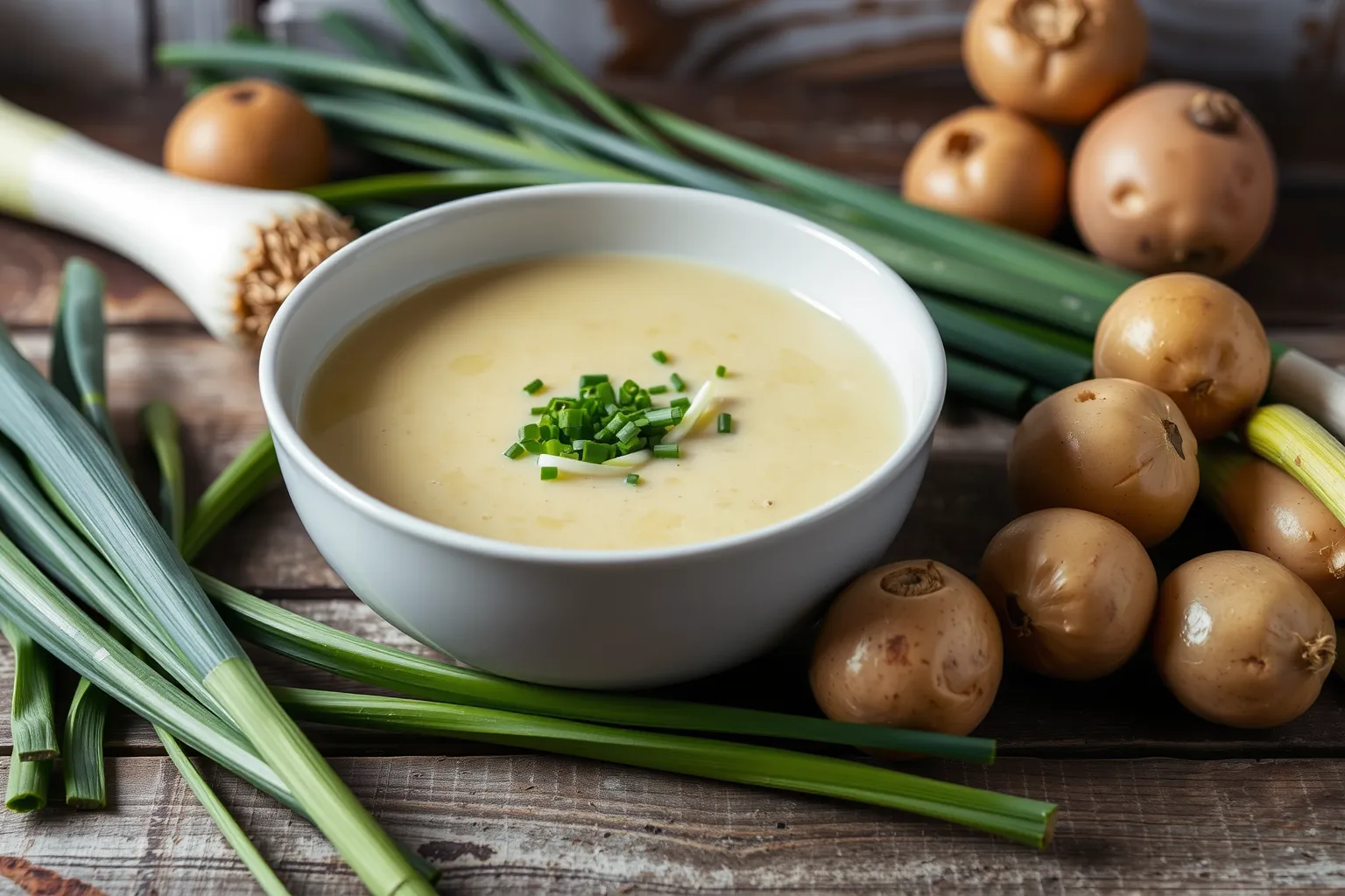 Un bol de potage poireaux-pommes de terre garni de ciboulette.