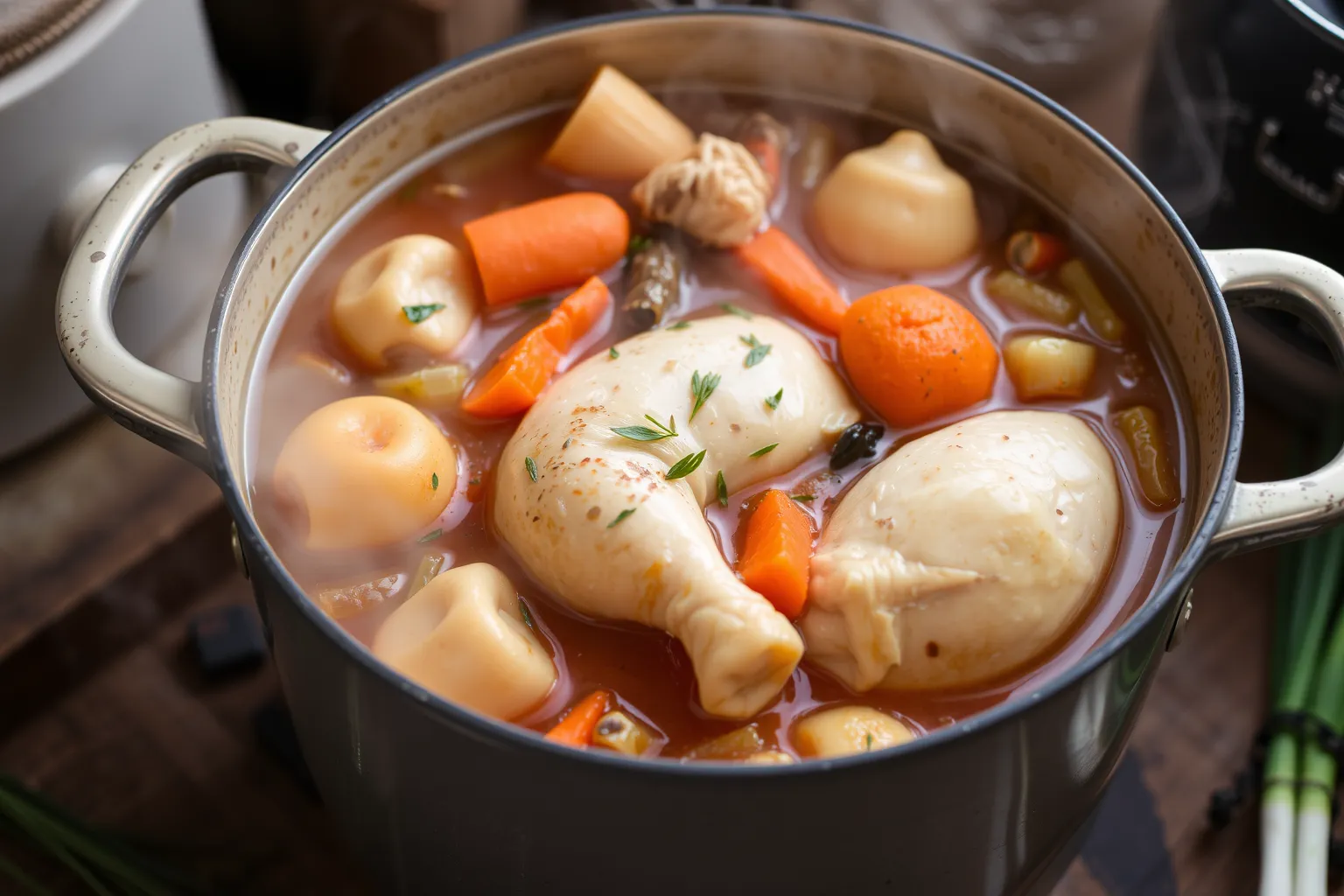 Une marmite remplie de poule au pot avec des légumes frais.