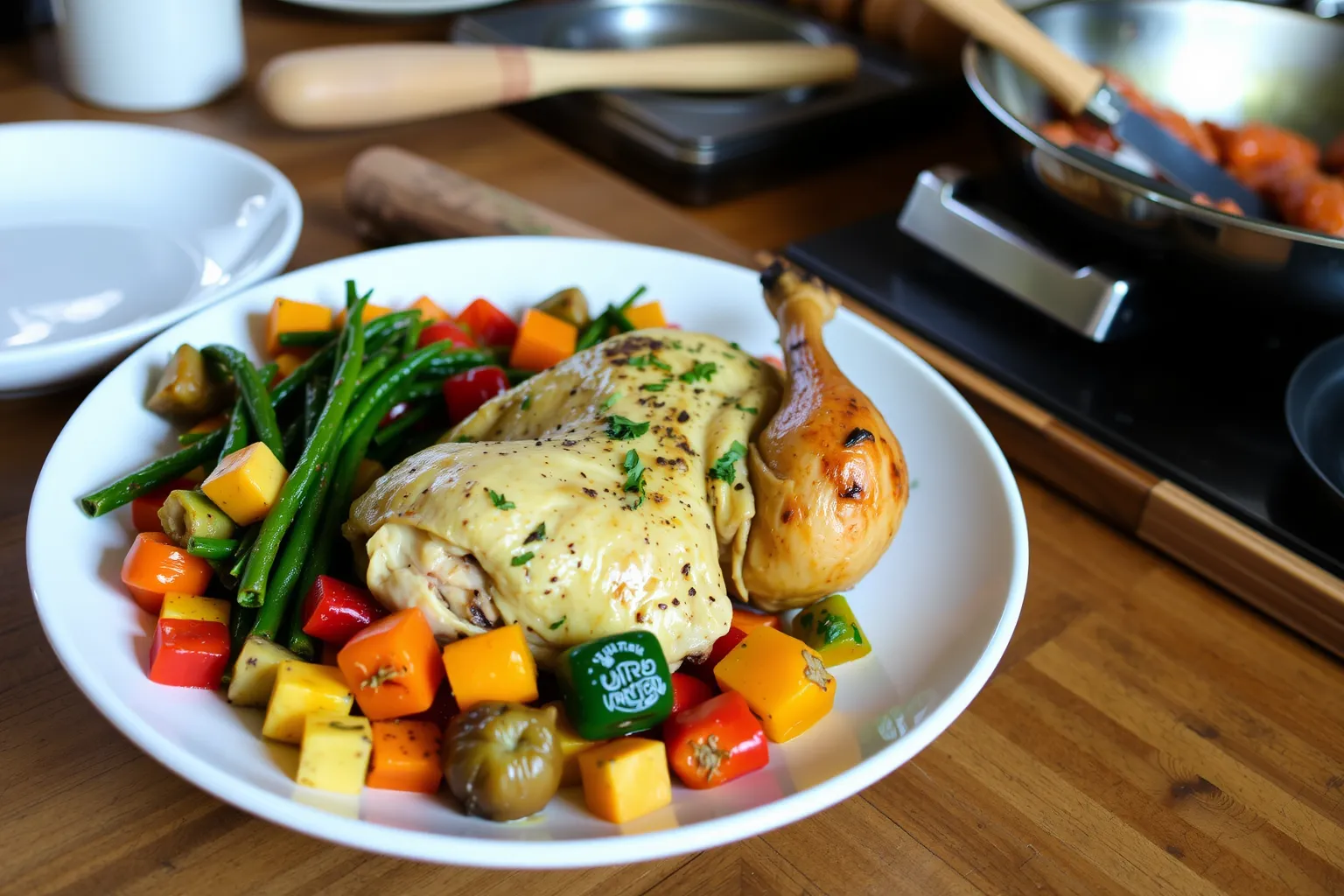 Un plat de poulet basquaise avec des légumes colorés.