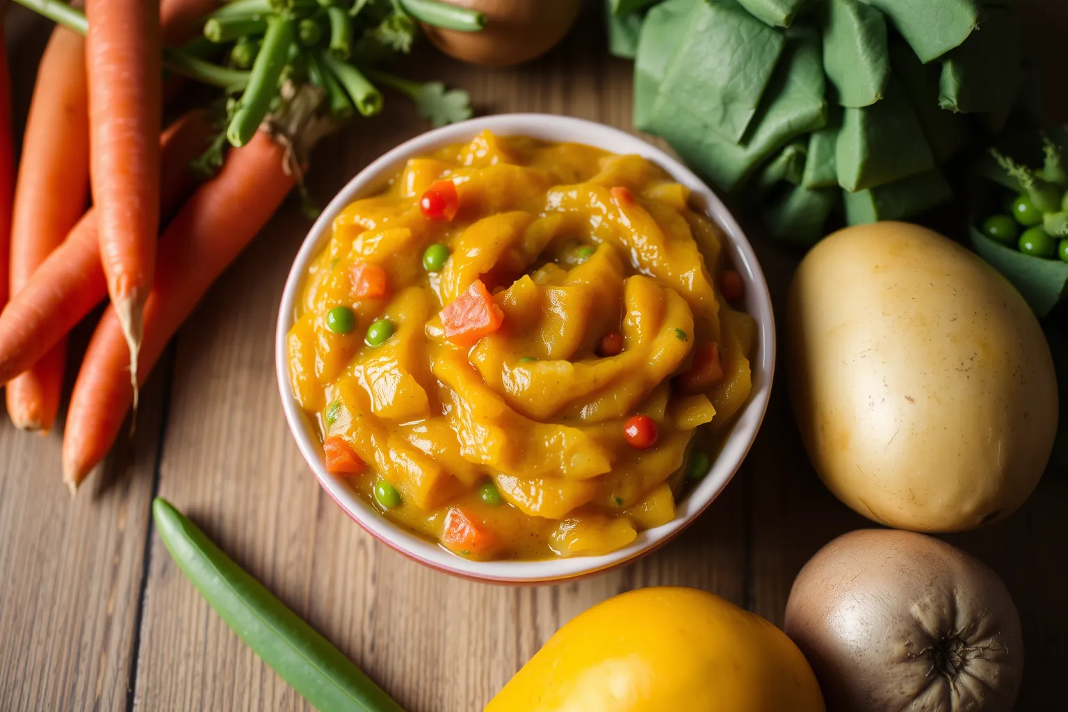 Un bol coloré de purée de légumes variés sur une table en bois.