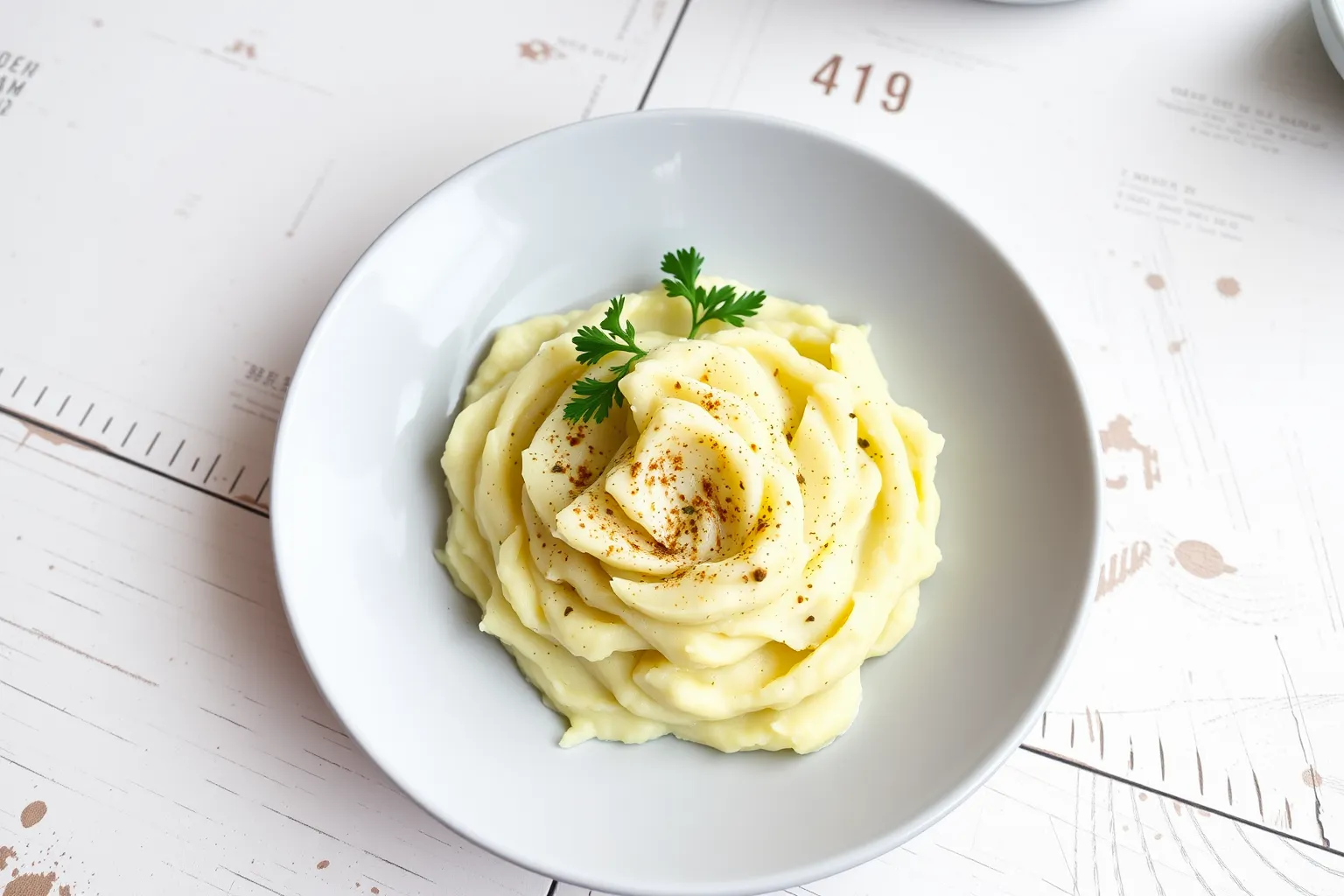 Une assiette de purée de pommes de terre crémeuse saupoudrée de muscade.
