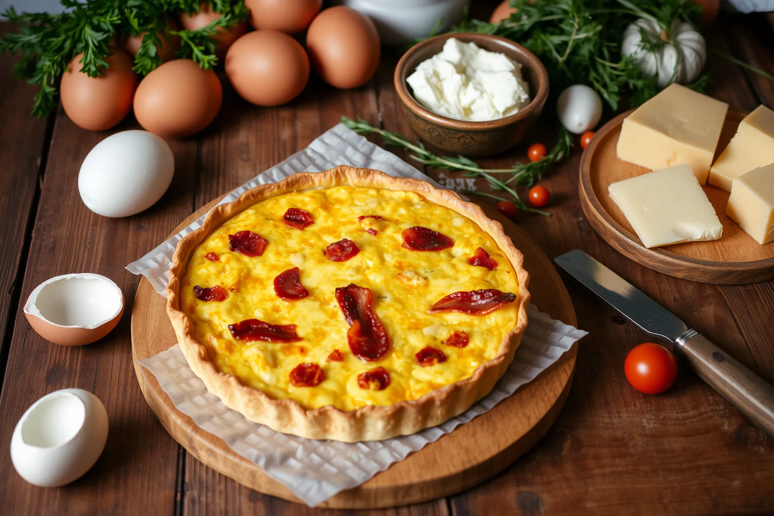 Une quiche dorée aux lardons fumés sur une table en bois.