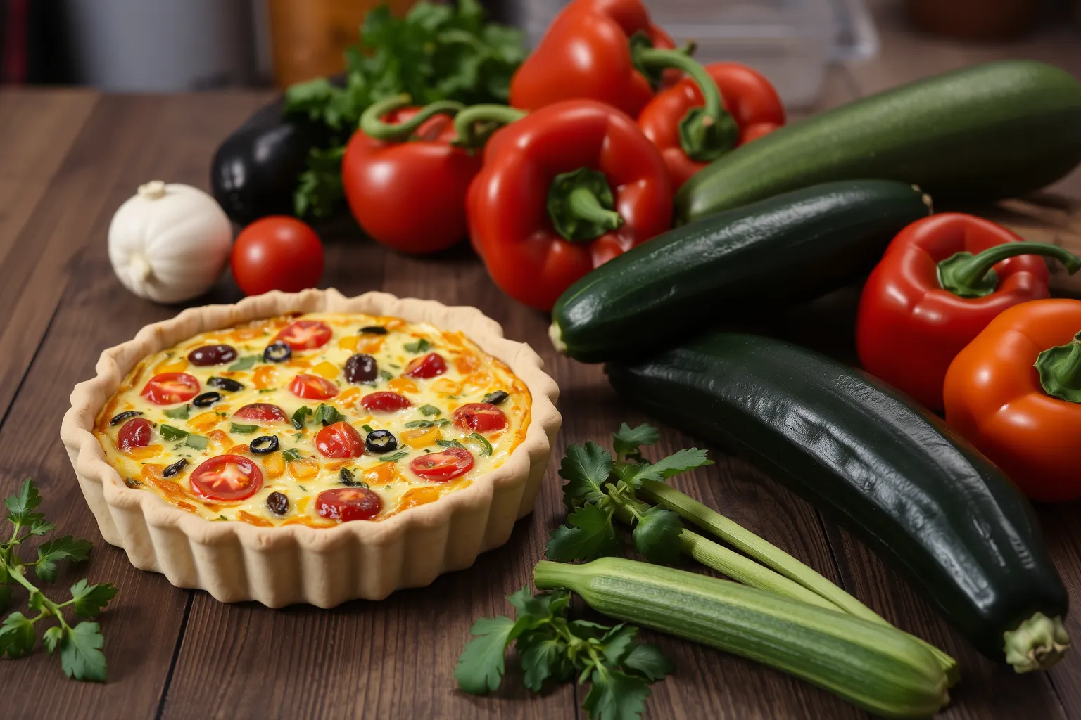 Une quiche de légumes colorée présentée sur une table en bois.
