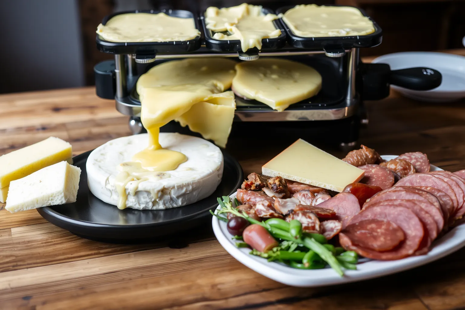 Une raclette fondante avec plusieurs types de charcuteries.