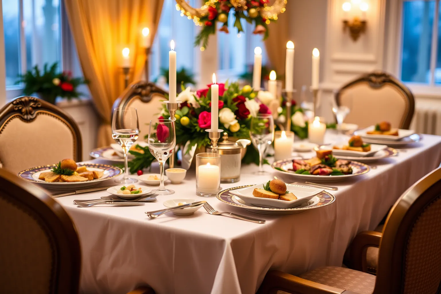 Un dîner festif avec des plats élégamment dressés.