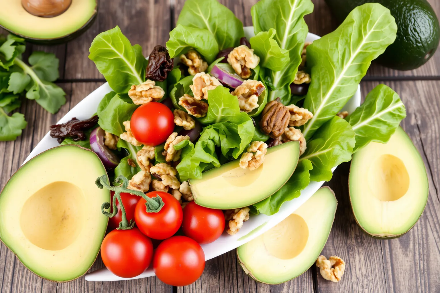 Une salade colorée avec des endives, des noix et des légumes frais.