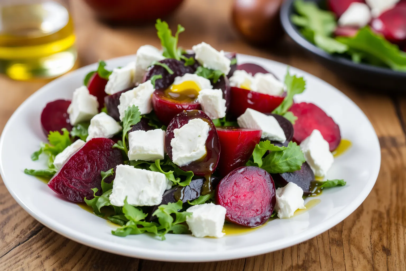 Une salade colorée avec betteraves et fromage blanc.